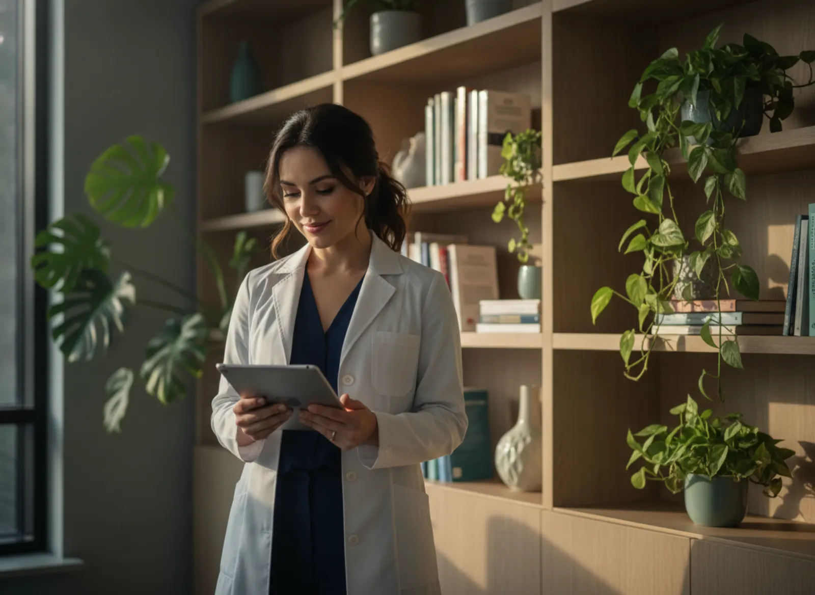 Médica gestora acompanhando os resultados em um tablet